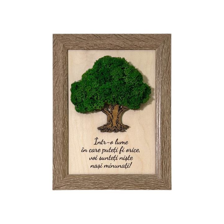 Tablou Copacul Vietii cu Licheni si Mesaj pentru Nasi, Lemn de Mesteacan, Rama MDF, Licheni Stabilizati, 21cm x 16cm