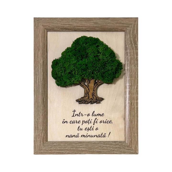 Tablou Copacul Vietii cu Licheni si Mesaj pentru Nana, Lemn de Mesteacan, Rama MDF, Licheni Stabilizati, 21cm x 16cm