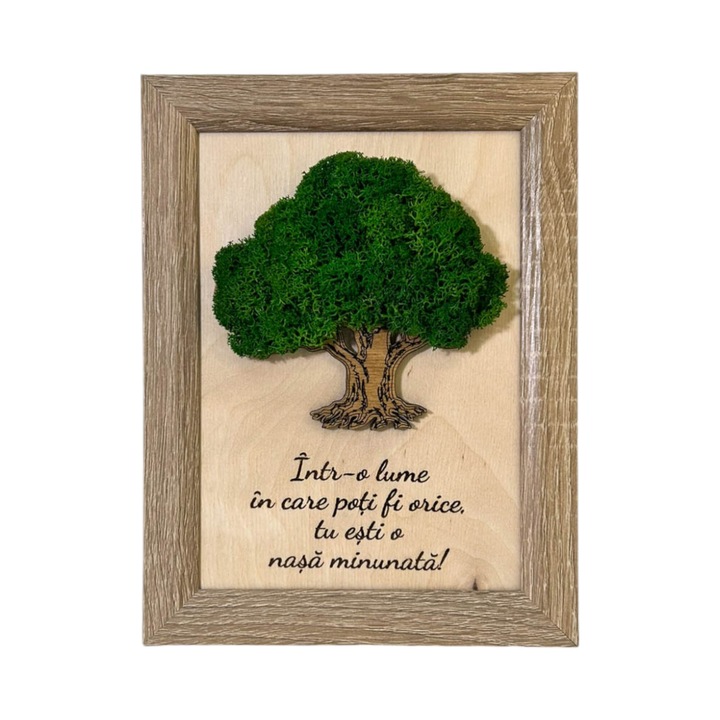 Tablou Copacul Vietii cu Licheni si Mesaj pentru Nasa, Lemn de Mesteacan, Rama MDF, Licheni Stabilizati, 21cm x 16cm