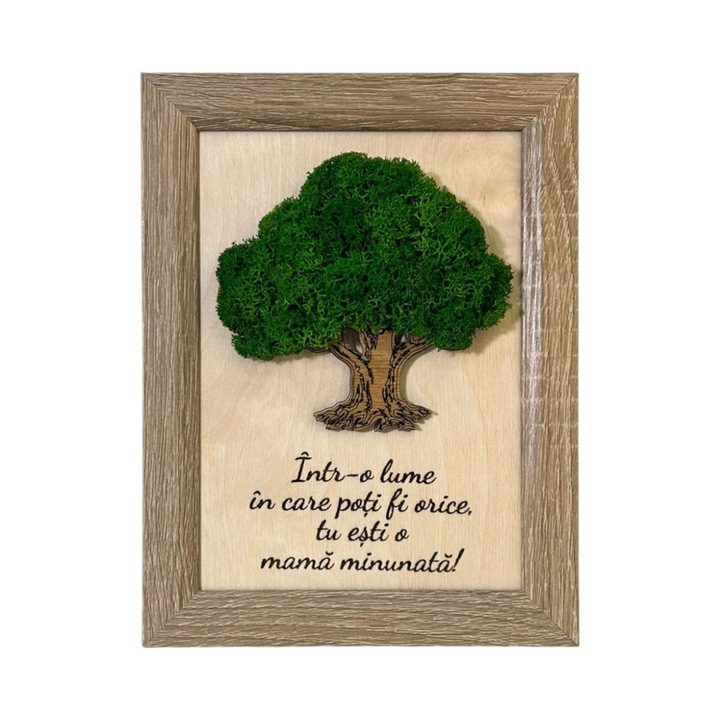Tablou Copacul Vietii cu Licheni si Mesaj pentru Mama, Lemn de Mesteacan, Rama MDF, Licheni Stabilizati, 21cm x 16cm