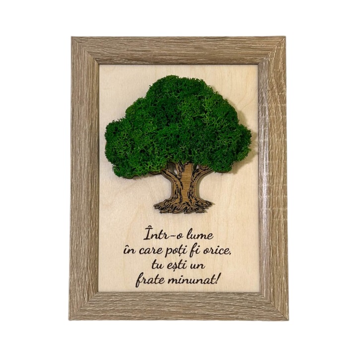 Tablou Copacul Vietii cu Licheni si Mesaj pentru Frate, Lemn de Mesteacan, Rama MDF, Licheni Stabilizati, 21cm x 16cm