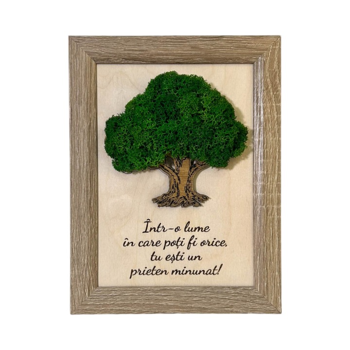 Tablou Copacul Vietii cu Licheni si Mesaj pentru Prieteni, Lemn de Mesteacan, Rama MDF, Licheni Stabilizati, 21cm x 16cm