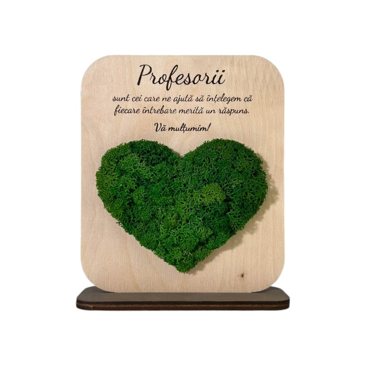 Placuta cu mesaj si inima din licheni pentru Profesori, Lemn de Mesteacan, Licheni Stabilizati Premium, Culoare Natur si Nuc, 21cm