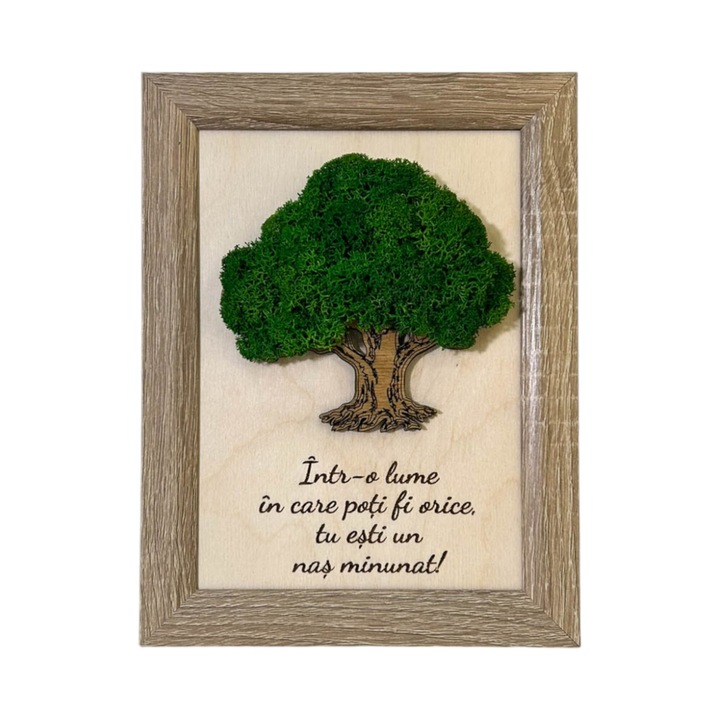 Tablou Copacul Vietii cu Licheni si Mesaj pentru Un Nas, Lemn de Mesteacan, Rama MDF, Licheni Stabilizati, 21cm x 16cm