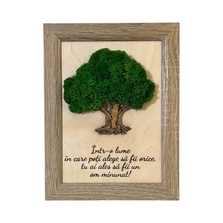 Tablou Copacul Vietii cu Licheni si Mesaj pentru Un Om Minunat, Lemn de Mesteacan, Rama MDF, Licheni Stabilizati, 21cm x 16cm