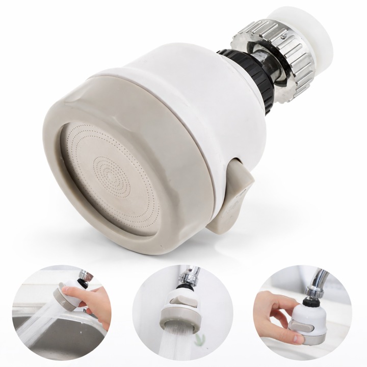 Cap de Robinet Universal Macvi®, pentru Chiuveta, 3 Moduri de Jet, Rotire 360°, Alb/Bej, Usor de Montat