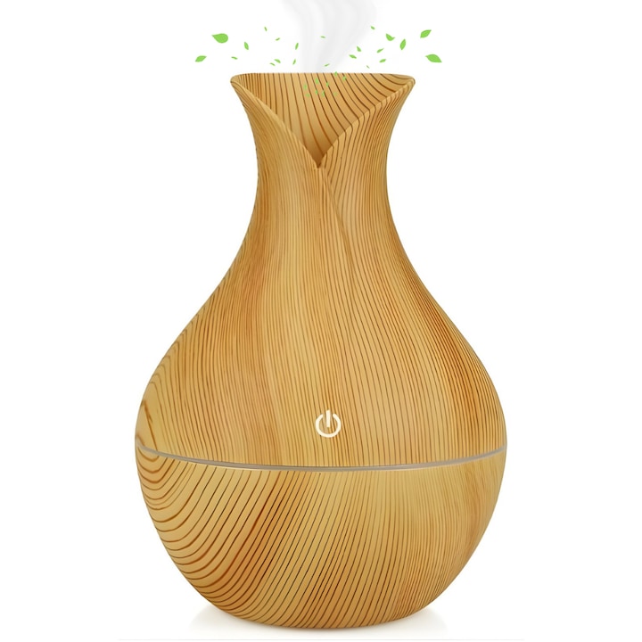 Umidificator de aer cu difuzor de aromaterapie forma de vaza, 200 ml, alimentare prin USB, difuzor cu ultrasunete, cu 7 culori -Fibre de lemn DESCHIS la culoare