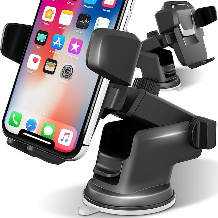 Suport auto telefon Macvi® universal montare bord parbriz sau grila ventilatie ventuza gel brat telescopic reglabil rotatie 360° compatibil 4.5–7 inch prindere stabila silicon antiderapant negru