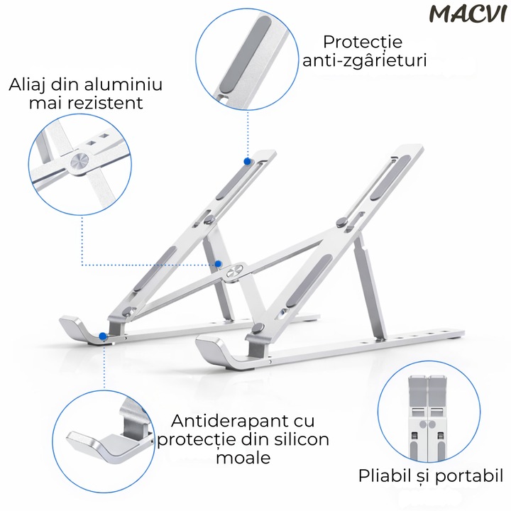 Suport laptop ergonomic Macvi® din aluminiu ,ajustabil 6 nivele, husa de protectie, disipare caldura, antialunecare, compatibil 10-15.6 inch, argintiu
