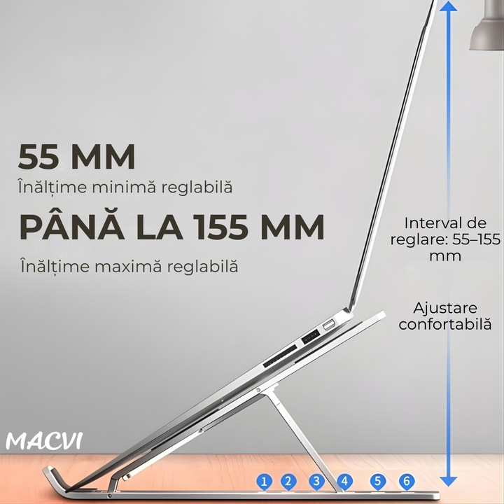 Suport laptop ergonomic Macvi® din aluminiu ,ajustabil 6 nivele, husa de protectie, disipare caldura, antialunecare, compatibil 10-15.6 inch, argintiu