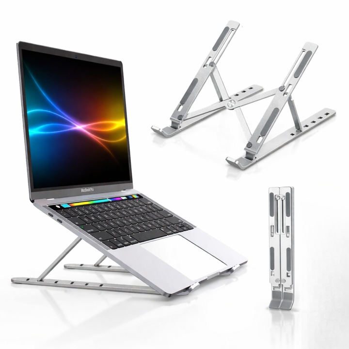 Suport laptop ergonomic Macvi® din aluminiu ,ajustabil 6 nivele, husa de protectie, disipare caldura, antialunecare, compatibil 10-15.6 inch, argintiu