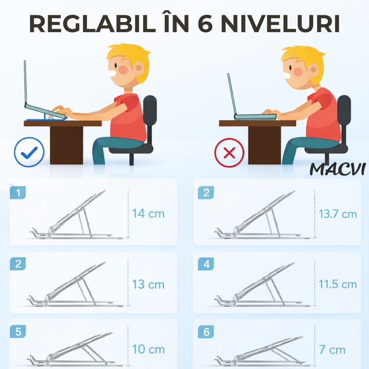 Suport laptop ergonomic Macvi® din aluminiu ,ajustabil 6 nivele, husa de protectie, disipare caldura, antialunecare, compatibil 10-15.6 inch, argintiu