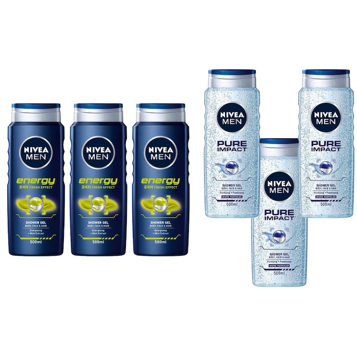 Nivea Variety Set 6 x komponens, 3 x tusfürdő 500 ml energia férfi, 3 x tusfürdő 500 ml férfi tiszta hatás, hatékony tisztítás, intenzív hidratálás, könnyű felvitel, megelőzi az irritációt, hosszan tartó frissesség, bőrgyógyászatilag tesztelt