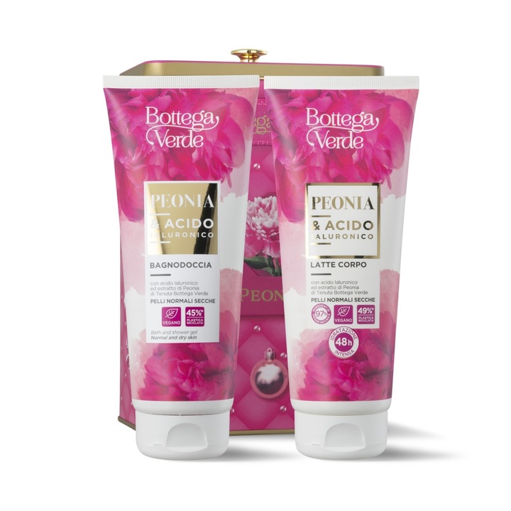 Ajándék testápoló szett bazsarózsa kivonattal, bazsarózsával és hialuronsavval, Bottega Verde, fémdobozban, tusfürdővel és testtejjel, hidratálja és tisztítja a bőrt, ideális napi ápoláshoz, 2x200 ml