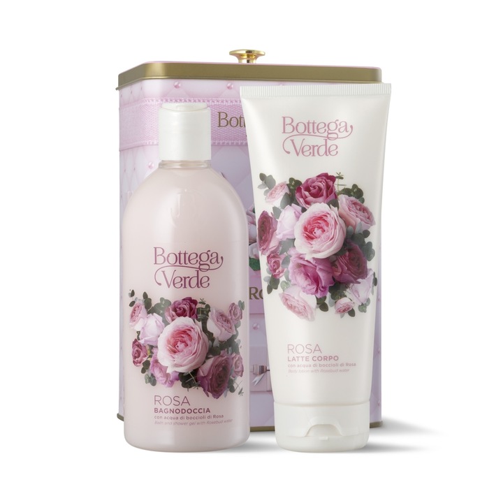 Testápoló ajándék készlet rózsabimbó vízzel, fémdobozban - Rosa, 200 ML, 400 ML, Bottega Verde