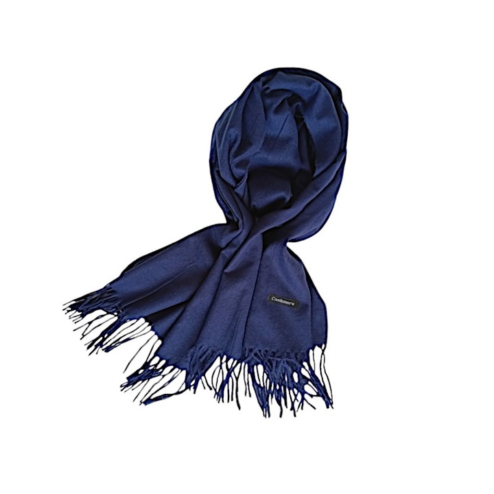 Esarfa Dama tip Casmir, Uni, Franjuri, Softness Collection, 200 x 70cm, Albastru