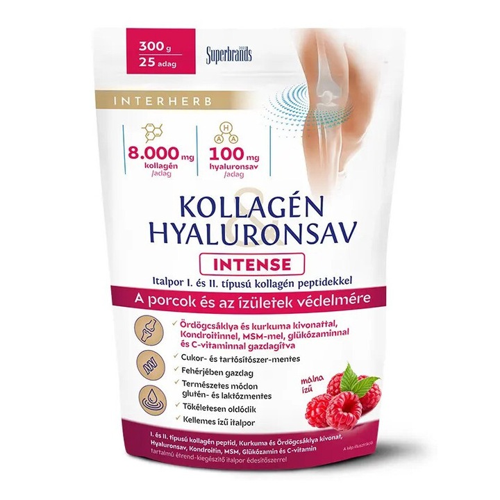 Pudra de colagen, acid hialuronic, MSM, glucozamina, condroitina si vitamina C aroma zmeura Interherb 300 gr