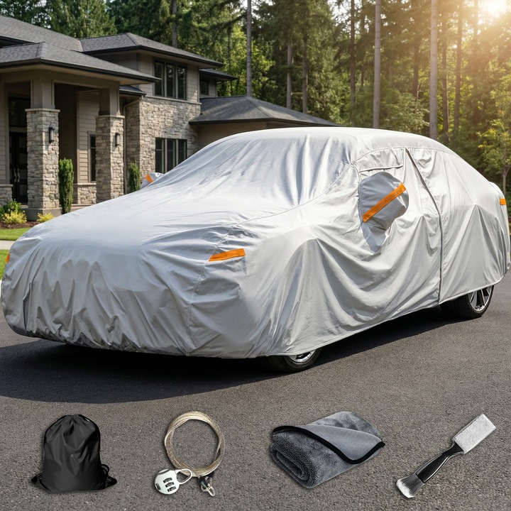 Prelata Auto Gavriet™ Sedan 3XL, 490 x 180 x 150 cm, Lacat Antifurt, Rezistenta la Apa & Soare & Inghet & Praf, Buzunare Oglinzi, Benzi Reflectorizante, Fermoar Usa Sofer, Saculet Depozitare, Perie Curatare Ventilatie & Prosop Incluse, Gri