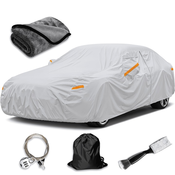 Покривало за кола Gavriet™ Sedan L, 465 x 180 x 150 см, ключалка против кражба, устойчива на вода, слънце, замръзване и прах, джобове за огледала, светлоотразителни ленти, цип на шофьорската врата, чанта за съхранение, четка