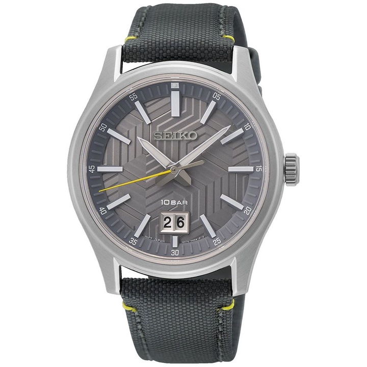 Ceas barbaresc Seiko, model Classic SUR543P1, gri, mecanism quartz, rezistent la apa 10 ATM, curea textila