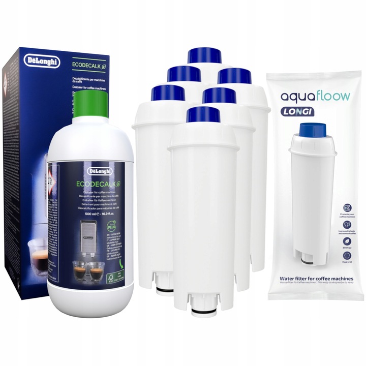 Set 6 filtru de apa AquaFloow Longi compatibil cu DeLonghi + decalcificator EcoDacalk 500ml