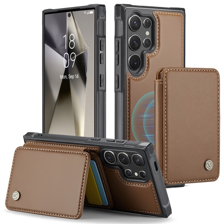 Husa pentru Samsung Galaxy S25 Ultra, CaseMe, piele cu textura moale si aderenta in mana, back cover, mini portofel magnetic detasabil, slot carduri, functie stand, protectie RFID, Maro