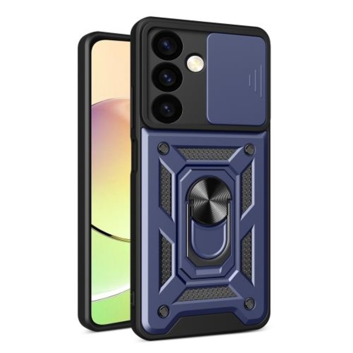 Páncél ütésálló tok, kompatibilis Samsung Galaxy S24 FE-vel, szilikon és műanyag, mágnes mellékelve, tartógyűrű, filmállvány, Camera Slide, ISAG, sötétkék
