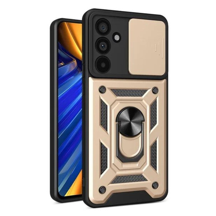 Páncél ütésálló tok, kompatibilis Samsung Galaxy S24 FE-vel, szilikon és műanyag, mágnes mellékelve, tartógyűrű, filmállvány, Camera Slide, ISAG, arany