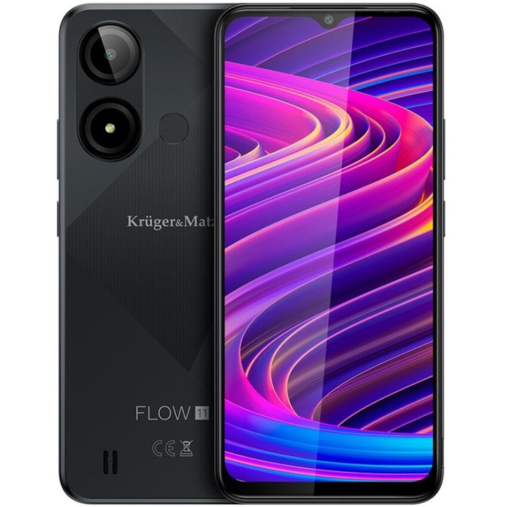 Мобилен телефон Kruger&Matz Flow 11, осемядрен процесор Unisoc SC9863A, IPS екран 6.56", 4 GB RAM, 64 GB флаш, 13 MP камера, Wi-Fi, 4G, две SIM карти, Android черен