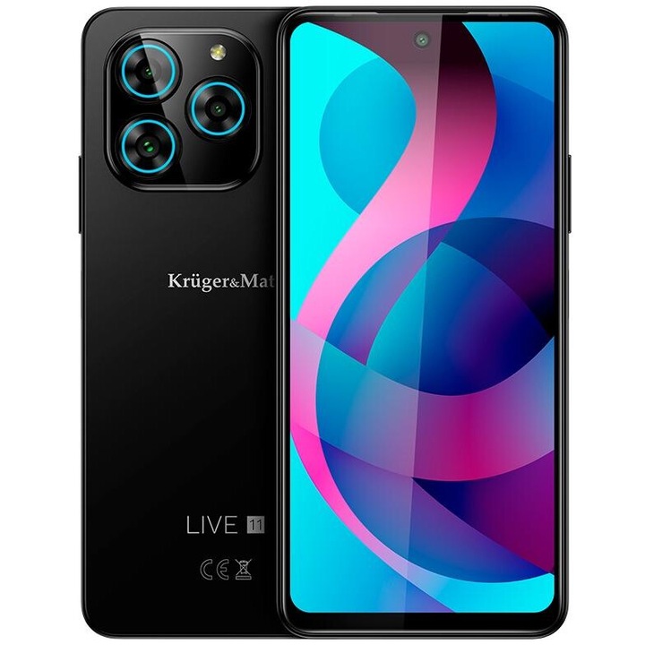 Мобилен телефон Kruger&Matz Live 11, Unisoc T606 Octa-Core Processor, IPS екран 6.56", 6GB RAM, 128GB Flash, двойна камера 50 + 2 MP, Wi-Fi, 4G, Dual SIM, Android Black