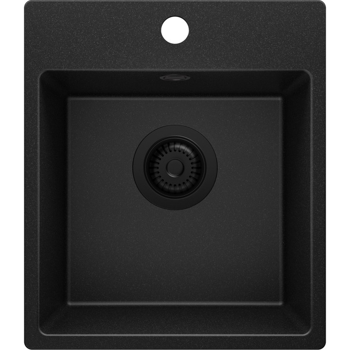 Chiuveta de bucatarie din granit 38x44cm, Chiuveta 1 Cuva + Sifon, Pentru dulap de 40cm, Riga Easy Primagran Complet Negru