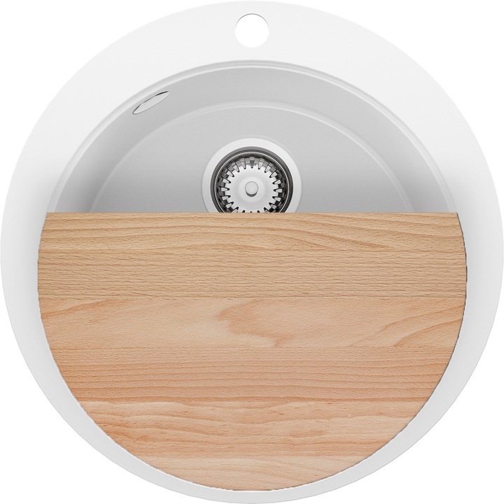 Chiuveta de bucatarie rotunda din granit 53x53cm, Chiuveta 1 Cuva + Sifon + Placa, Pentru dulap de 50cm, Pisa Max Top Primagran Alb