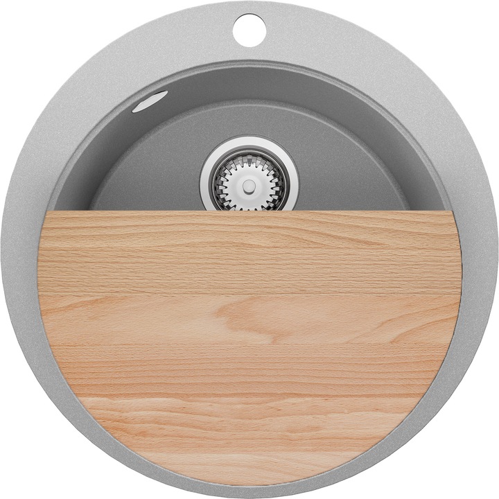 Chiuveta de bucatarie rotunda din granit 53x53cm, Chiuveta 1 Cuva + Sifon + Placa, Pentru dulap de 50cm, Pisa Max Top Primagran Gri