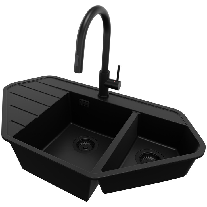 Chiuveta de colt din granit 90x50cm, Chiuveta 1, 5 Cuve + Sifon + Baterie 9010, Pentru dulap de 80cm, Copenhaga Colt Primagran Complet Negru