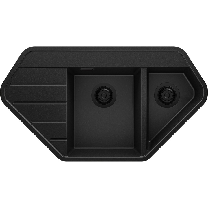 Chiuveta de colt din granit 90x50cm, Chiuveta 1, 5 Cuve + Sifon, Pentru dulap de 80cm, Copenhaga Colt Primagran Complet Negru