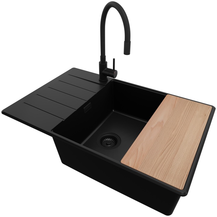 Chiuveta de bucatarie din granit 78x50cm, Chiuveta 1 Cuva + Sifon + Baterie 5170 + Placa, Pentru dulap de 60cm, Copenhaga Top Primagran Complet Negru