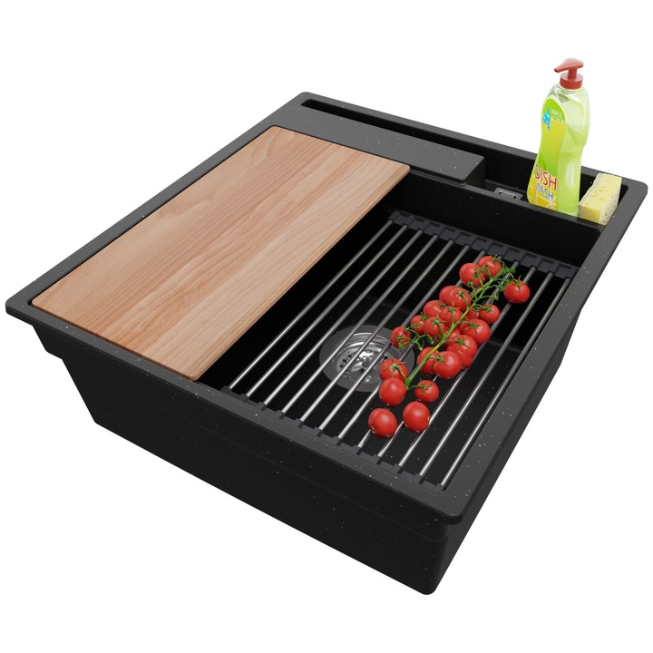 Chiuveta de bucatarie din granit 48x53cm, Chiuveta 1 Cuva + Sifon + Set, Pentru dulap de 50cm, Oslo Pocket Multilevel Primagran Negru Metalizat