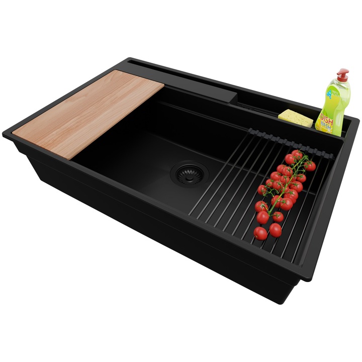 Chiuveta de bucatarie din granit 78x53cm, Chiuveta 1 Cuva + Sifon + Set, Pentru dulap de 80cm, Oslo Pocket Multilevel Primagran Complet Negru