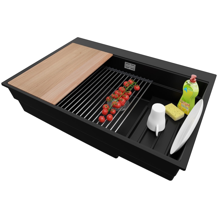 Chiuveta de bucatarie din granit 78x53cm, Chiuveta 1 Cuva + Sifon + Set, Pentru dulap de 80cm, Oslo Max Step Multilevel Primagran Negru