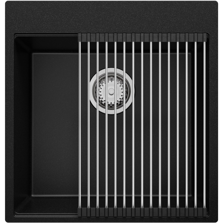 Chiuveta de bucatarie din granit 48x50cm, Chiuveta 1 Cuva + Sifon + Suprafata de scurgere rulabila, Pentru dulap de 50cm, Oslo Top Primagran Negru