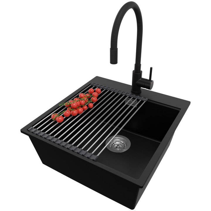 Chiuveta de bucatarie din granit 48x50cm, Chiuveta 1 Cuva + Sifon + Baterie 5170 + Accesorii, Pentru dulap de 50cm, Oslo Top Primagran Negru