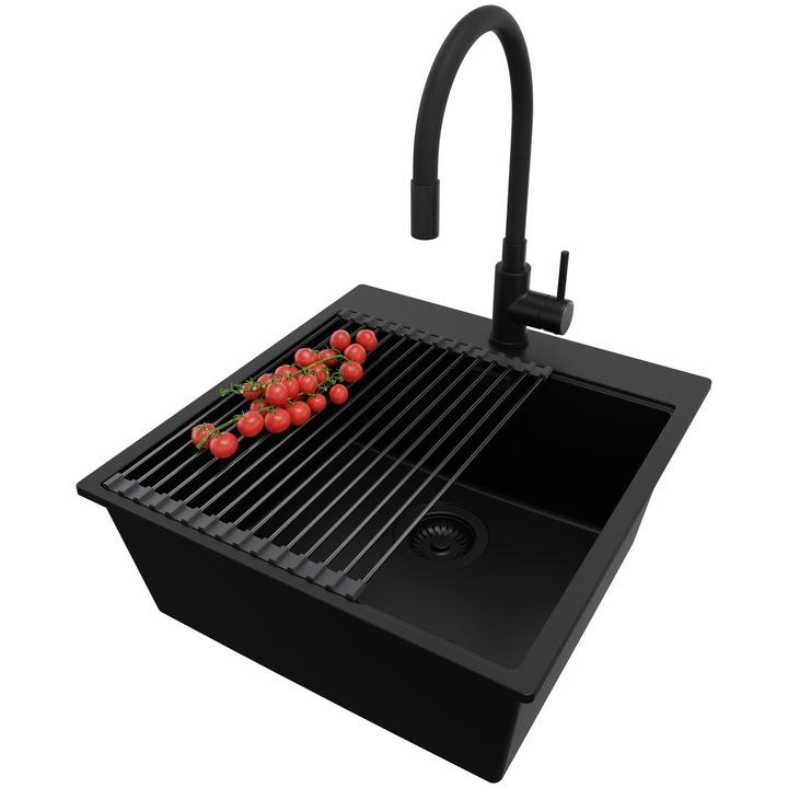 Chiuveta de bucatarie din granit 48x50cm, Chiuveta 1 Cuva + Sifon + Baterie 5170 + Accesorii, Pentru dulap de 50cm, Oslo Top PrimagranComplet Negru