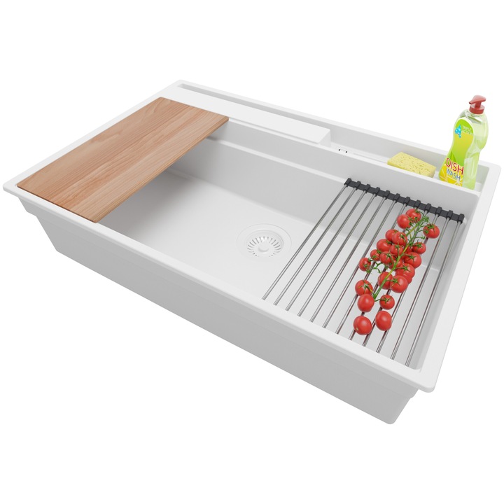 Chiuveta de bucatarie din granit 78x53cm, Chiuveta 1 Cuva + Sifon + Set, Pentru dulap de 80cm, Oslo Pocket Multilevel Primagran Complet Alb