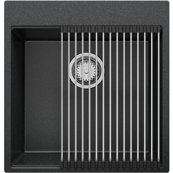 Chiuveta de bucatarie din granit 48x50cm, Chiuveta 1 Cuva + Sifon + Suprafata de scurgere rulabila, Pentru dulap de 50cm, Oslo Top Primagran Grafit