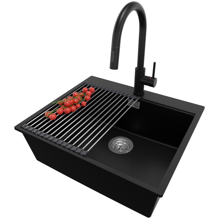 Chiuveta de bucatarie din granit 58x50cm, Chiuveta 1 Cuva + Sifon + Baterie 9010 + Accesorii, Pentru dulap de 60cm, Oslo Top Primagran Negru