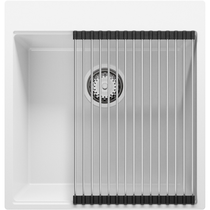 Chiuveta de bucatarie din granit 48x50cm, Chiuveta 1 Cuva + Sifon + Suprafata de scurgere rulabila, Pentru dulap de 50cm, Oslo Top Primagran Alb