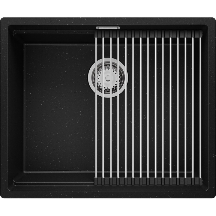 Chiuveta sub blat 56x47cm, Chiuveta 1 Cuva + Sifon + Suprafata de scurgere rulabila, Pentru dulap de 60cm, Praga Level Primagran Negru Metalizat