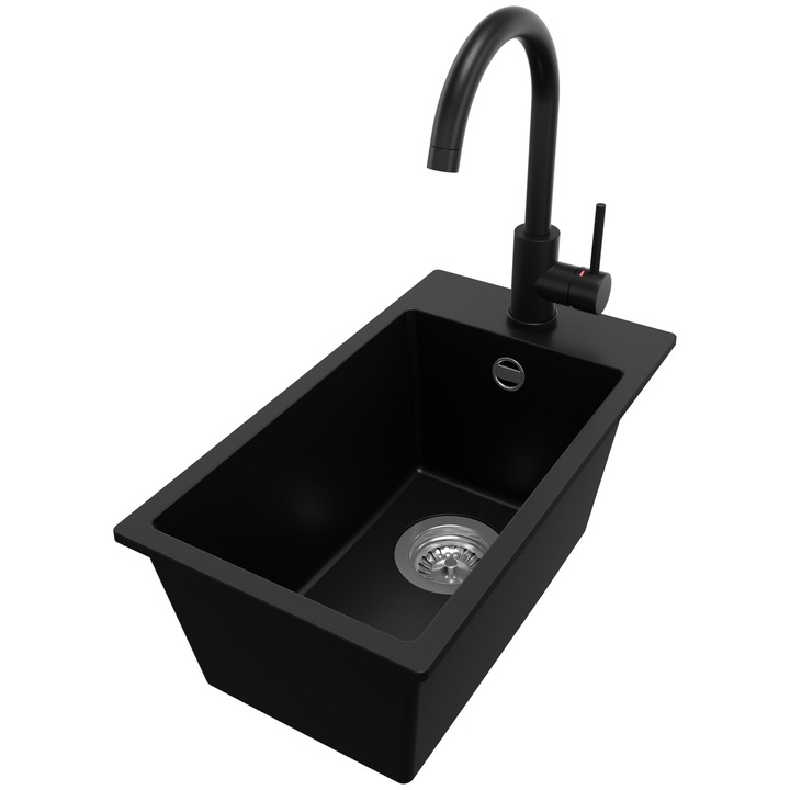 Chiuveta de bucatarie din granit 28x50cm, Chiuveta 1 Cuva + Sifon + Baterie 5010, Pentru dulap de 30cm, Riga Primagran Negru