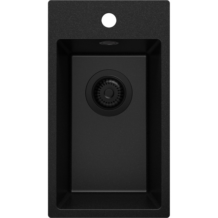 Chiuveta de bucatarie din granit 28x50cm, Chiuveta 1 Cuva + Sifon, Pentru dulap de 30cm, Riga Primagran Complet Negru