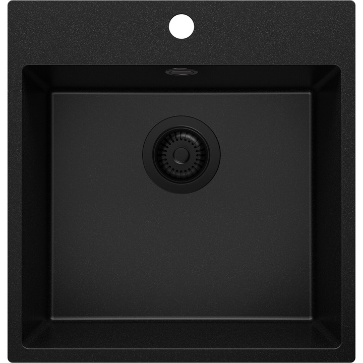 Chiuveta de bucatarie din granit 48x50cm, Chiuveta 1 Cuva + Sifon, Pentru dulap de 50cm, Riga Primagran Complet Negru